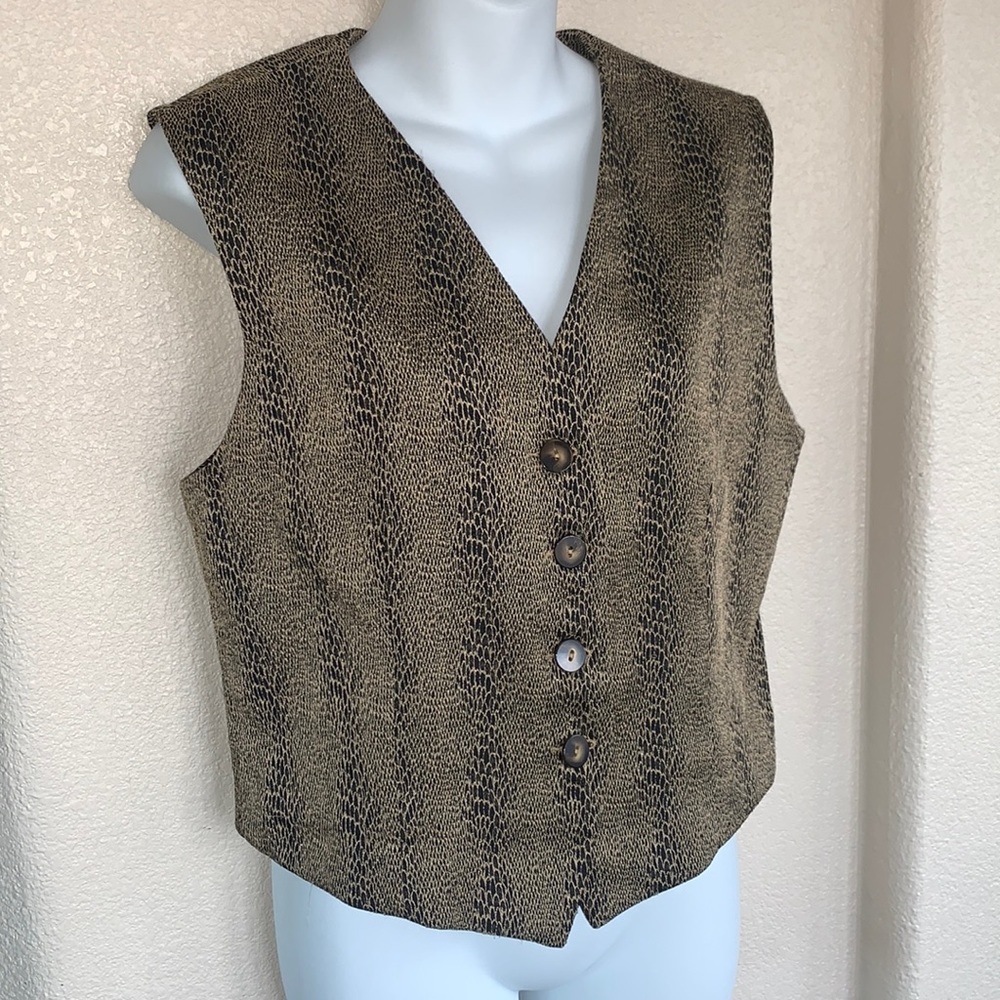 LIZ CLAIBORNE COLLECTION Snake print vest, black/tan, button. M EUC
